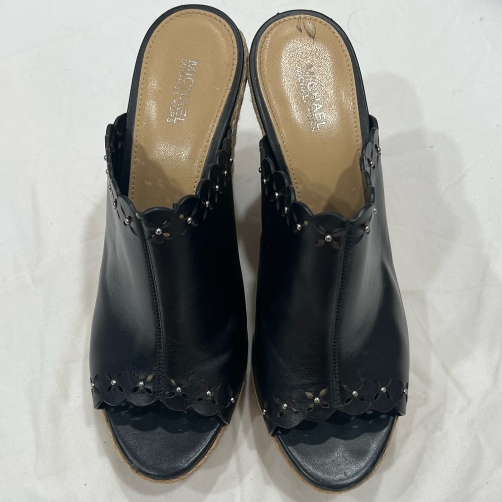 Michael Kors espadrilles woven pump sandals studs and cut outs black leather8.5 - Picture 3 of 6